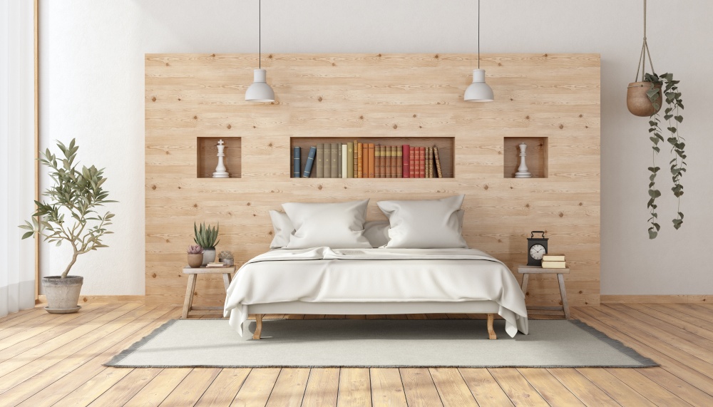 Master bedroom in rustic style with minimalist white double bed against wooden wall - 3d rendering. Master bedroom in rustic style