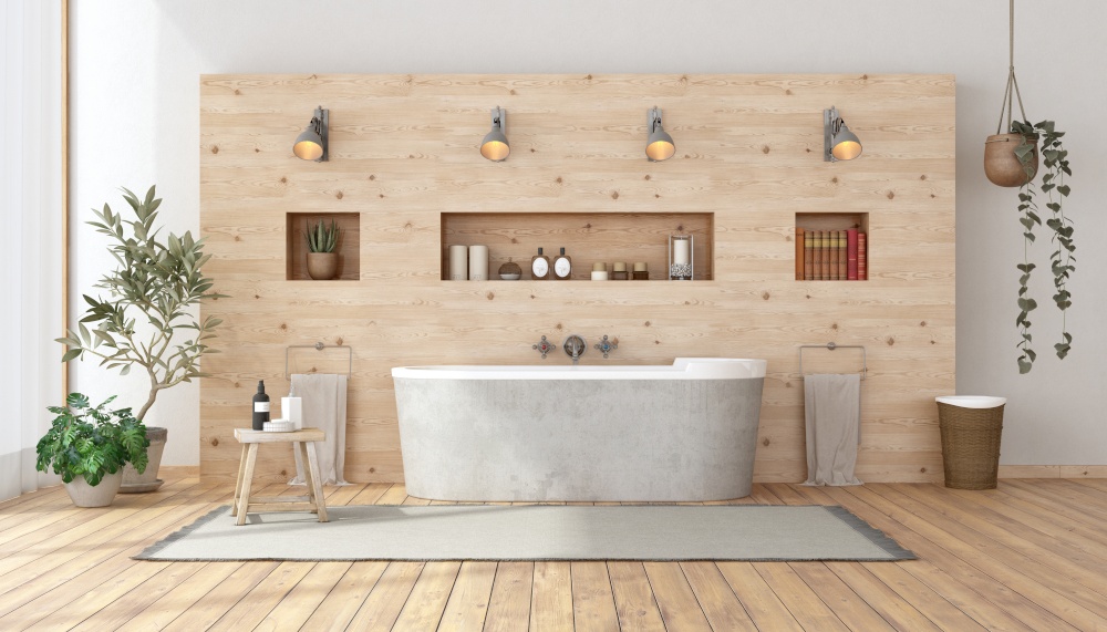 Bathroom in rustic style with bathtub against wooden wall with niche - 3d rendering. Bathroom in rustic style with bathtub