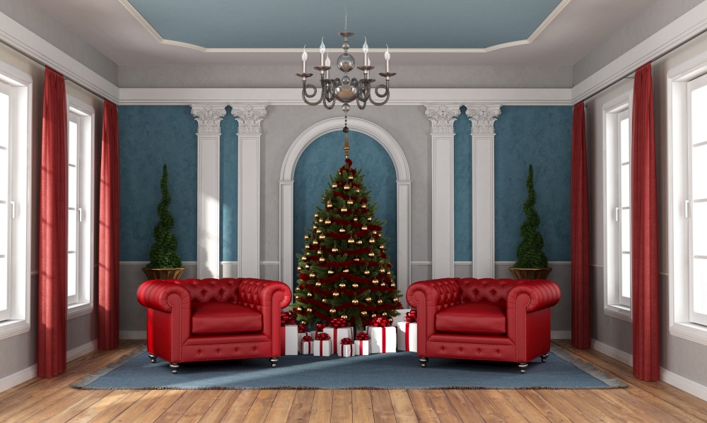 Christmas tree and gift in luxury living room with two red classic armchairs - 3d rendering. Waiting christmas in a luxury living room