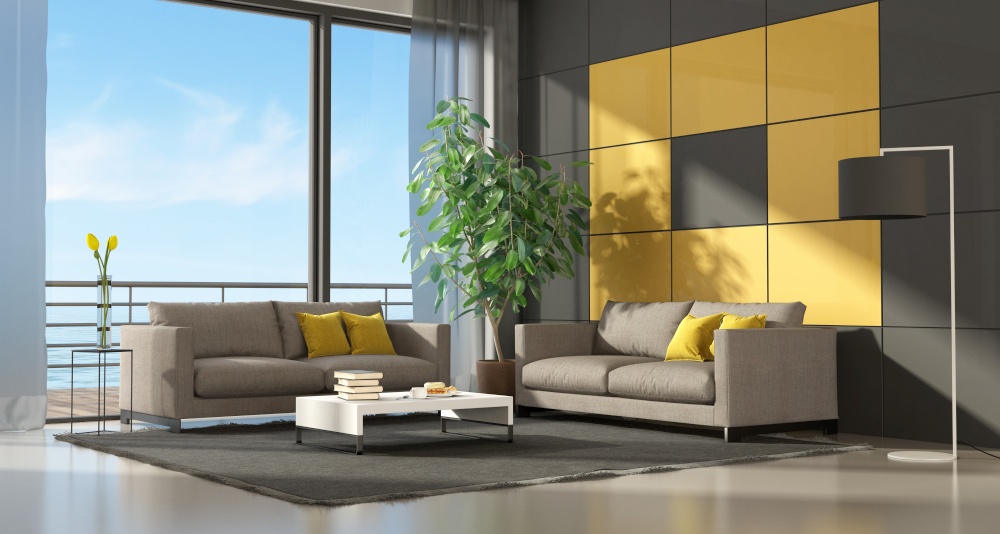 Living room with terrace overlooking the sea , two sofa and black and yellow paneling - 3d rendering. Gray and yellow modern living room two couch - 3d rendering