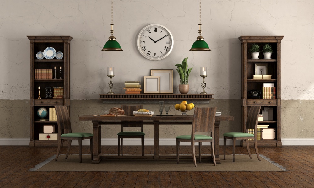 Dining room in rusic style with old wooden table with chairs and bookcase - 3d rendering. Dining room in rusic style with wooden furniture