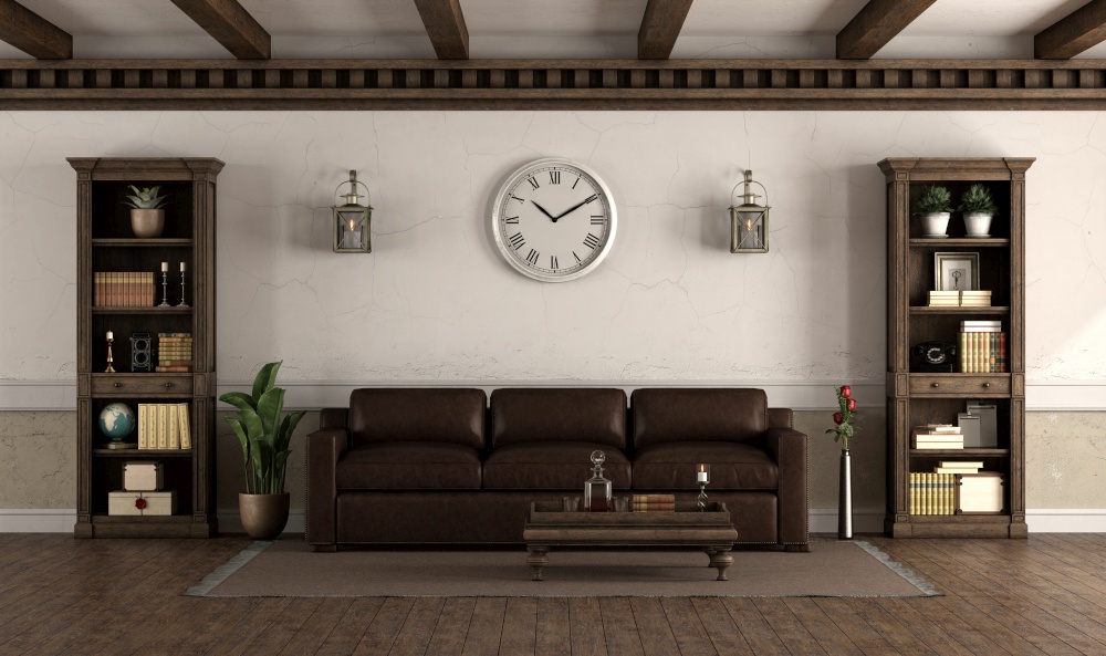 Retro style living room with leather sofa and wooden bookcase - 3d rendering. Retro style living room with leather sofa