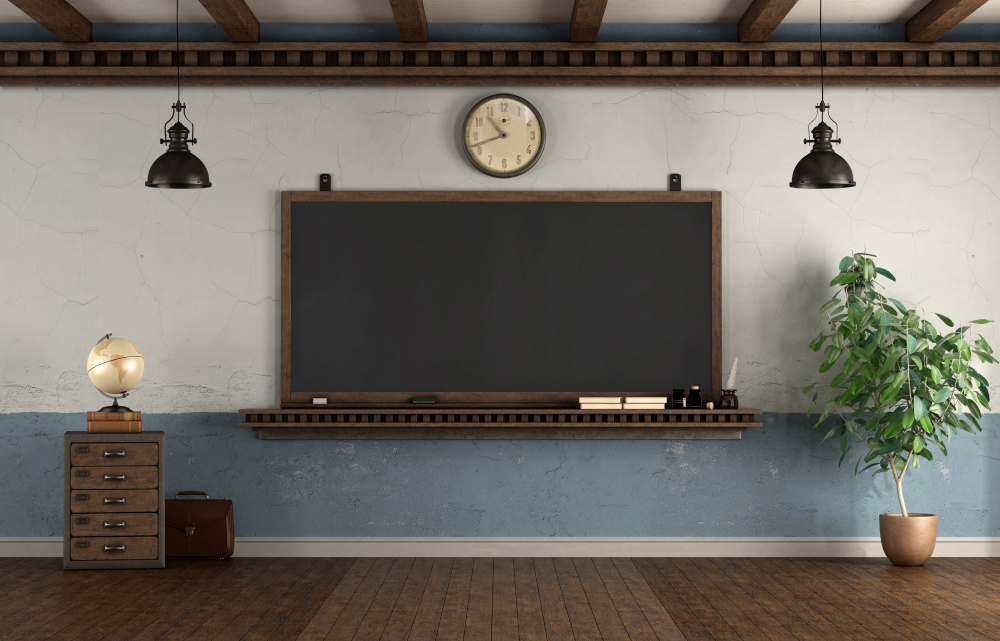 Retro style empty classroom with blackboard hanging on an old wall - 3d rendering. Retro style classroom with blackboard