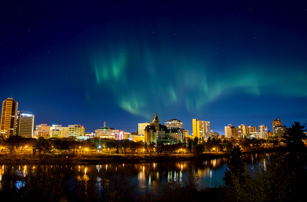Northern Lights Saskatoon City Skyline Night Photography