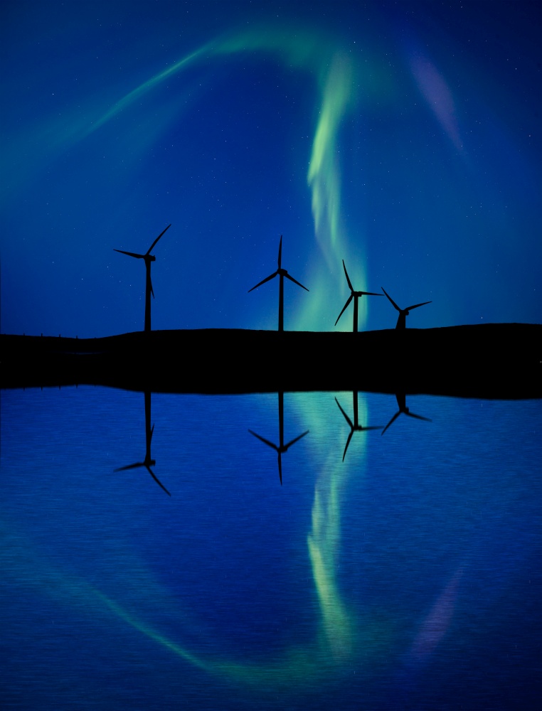 Northern Lights Wind Farm reflction green aurora borealis
