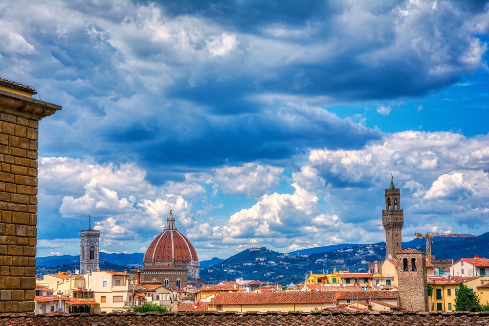Duomo Santa Maria Del Fiore and tower of Palazzo Vecchio  in Florence, Tuscany, Italy