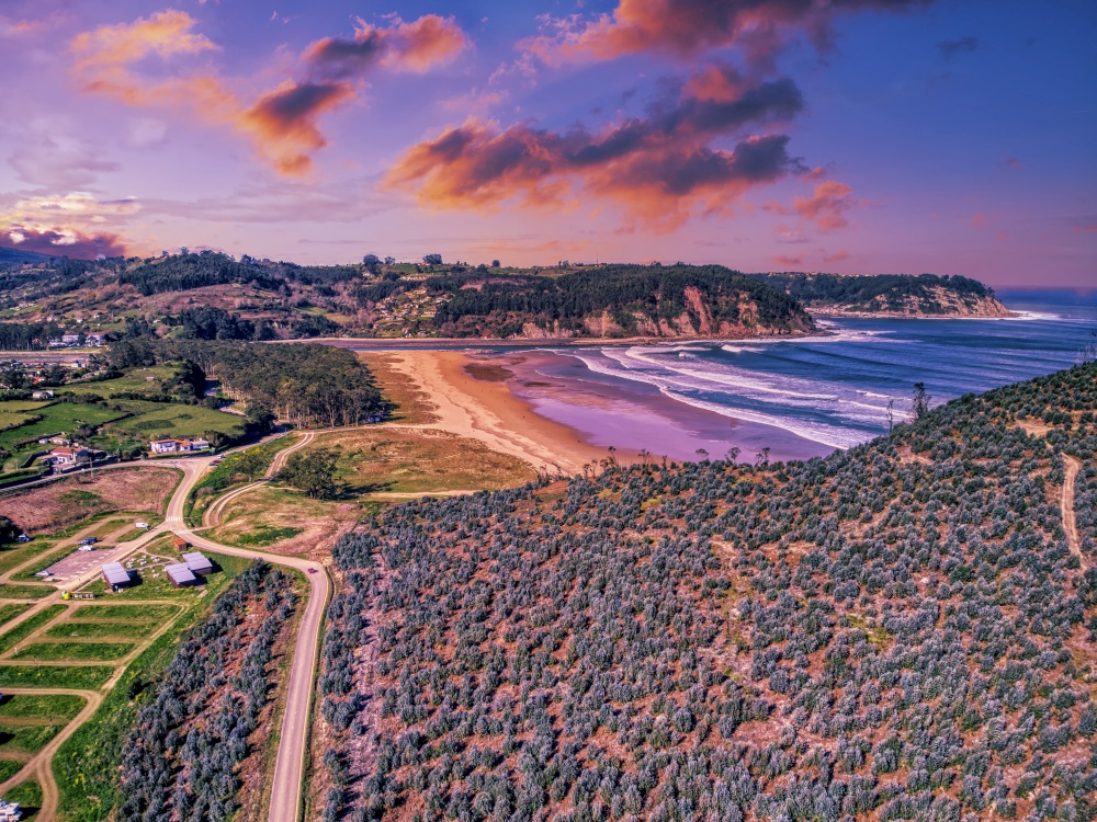 A panorama view of beautiful Rodiles Beach in Asturias in northern Spain