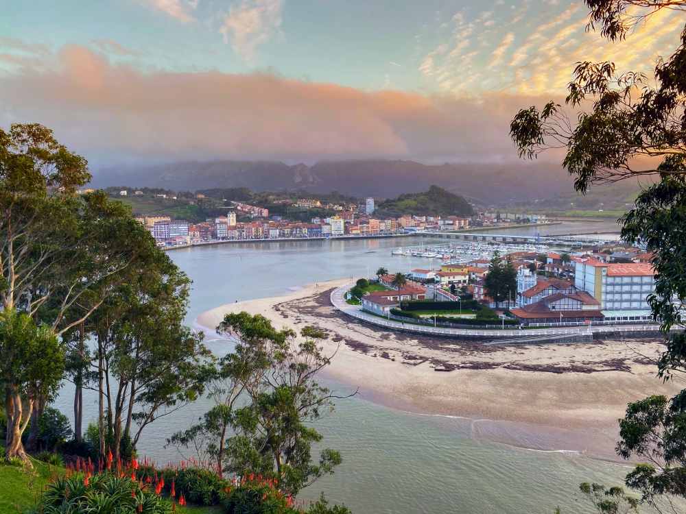Panoramic view of Ribadesella and its estuary in Asturias, Spain.
