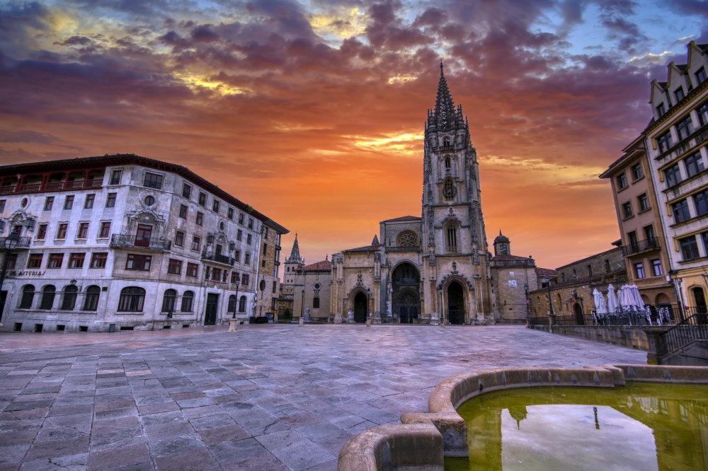 Sunrise in the cathedral square in Oviedo, Asturias, Spain.