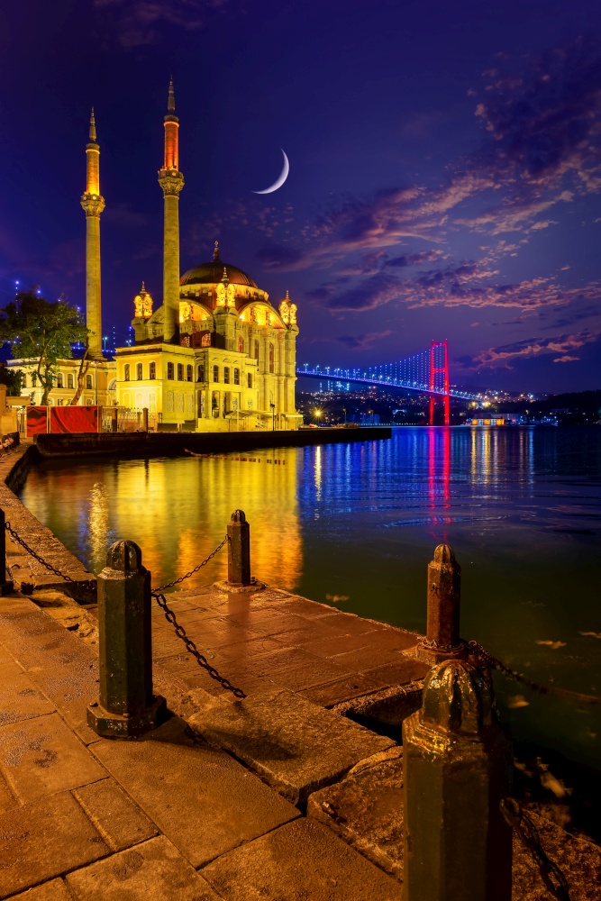 Ortakoy Mosque and Bosphorus bridge in Istanbul at sunrise, Turkey. Ortakoy Mosque and Bosphorus