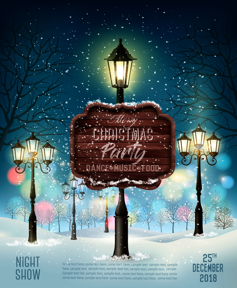 Christmas Party Design Template With Evening Winter Landscape and lamppost. Vector