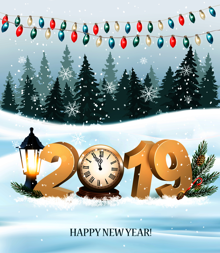 Merry Christmas Background with 2019 and clock and colorful garland. Vector