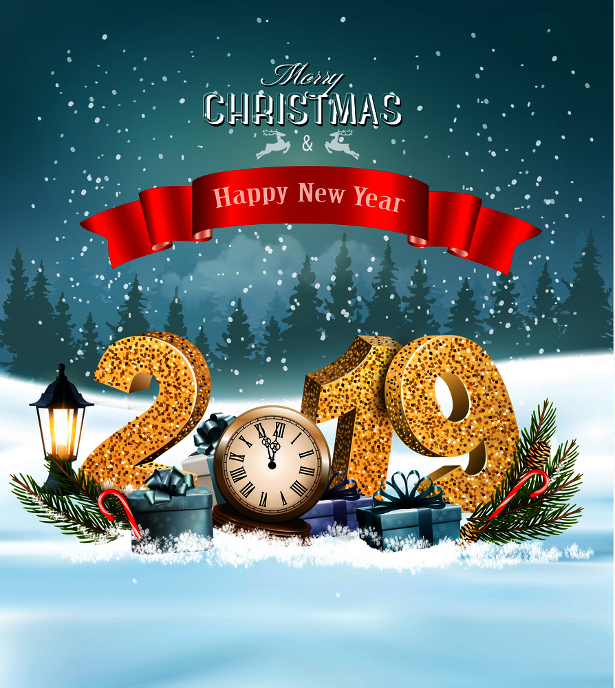 Holiday Christmas background with 2019 and presents and clock. Vector.