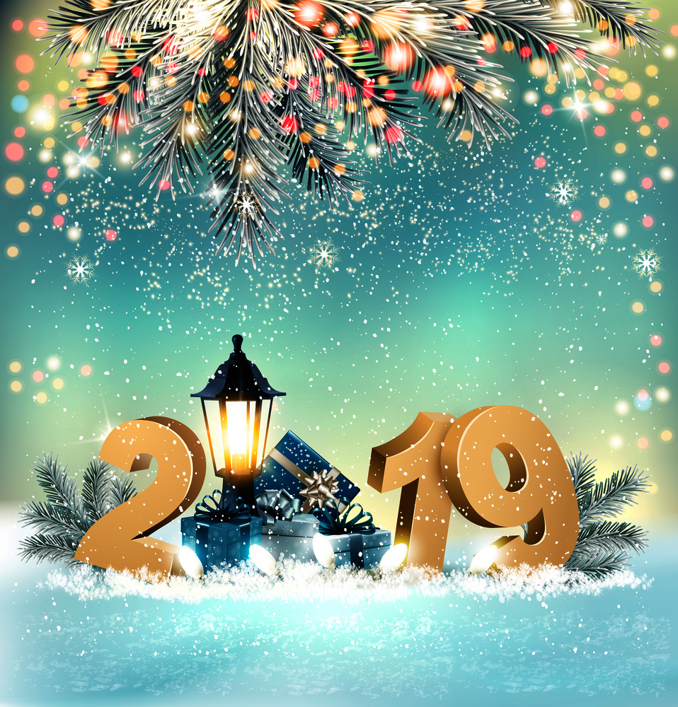 Merry Christmas Background with 2019 and gift boxes and blue ribbon. Vector