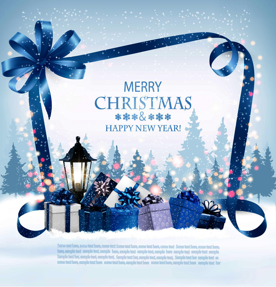 Merry Christmas Background with presents and blue ribbon. Vector