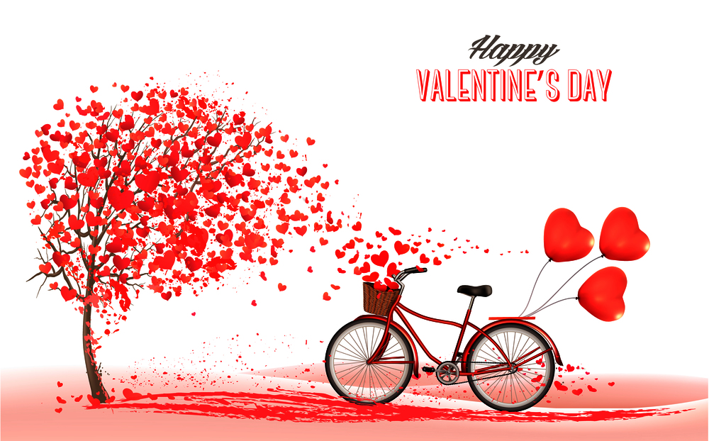 Valentine&rsquo;s Day background with bicycle with red heart shape balloons. Concept of love. Vector