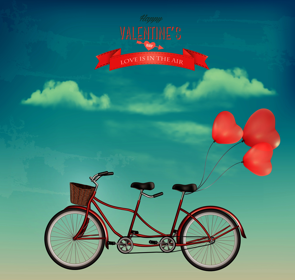 Retro Valentine&rsquo;s Day holiday background with tandem bicycle with heart shape balloons. Concept of love. Vector