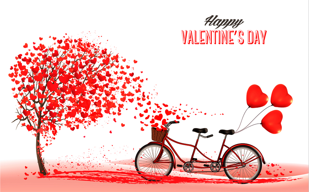 Valentine&rsquo;s Day background with tandem bicycle with red heart shape balloons. Concept of love. Vector