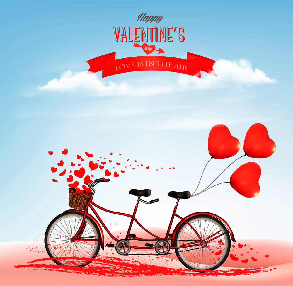 Valentine&rsquo;s Day holiday background with tandem bicycle with heart shape balloons. Concept of love. Vector