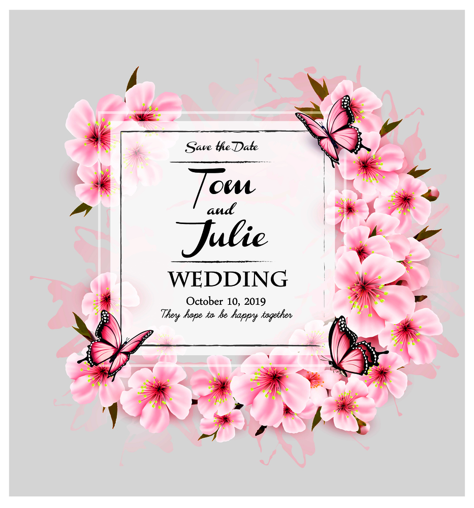 Wedding invitation desing with pink flowers and butterflies. Vector