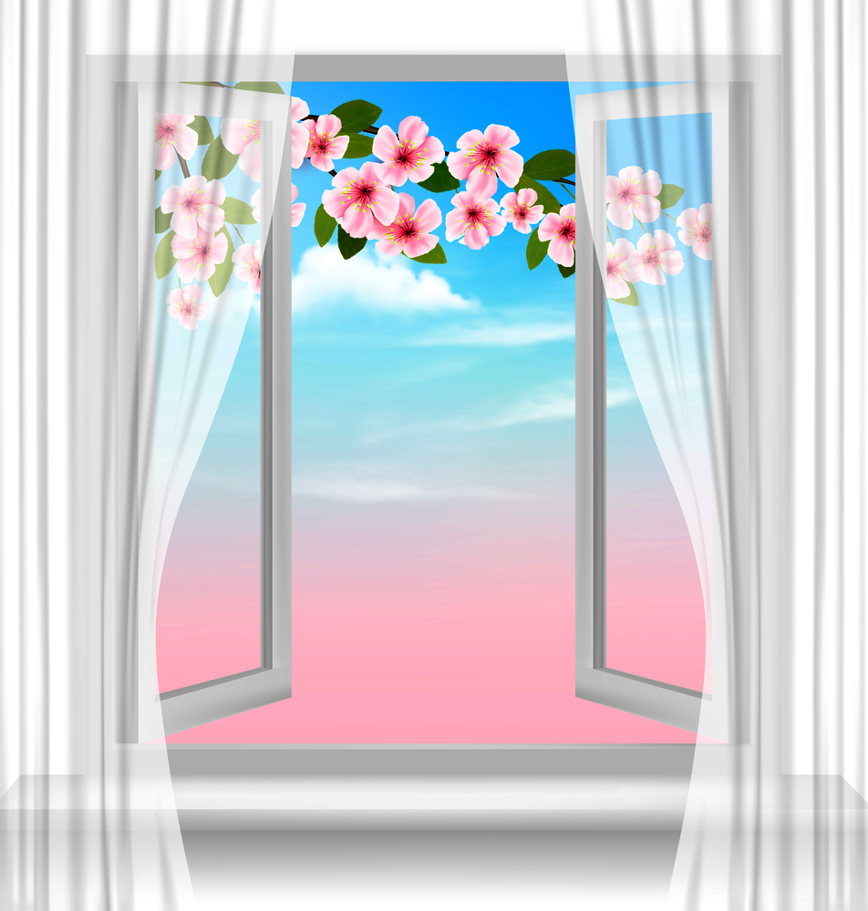 Nature spring background with open window and blossom of cherry. Vector