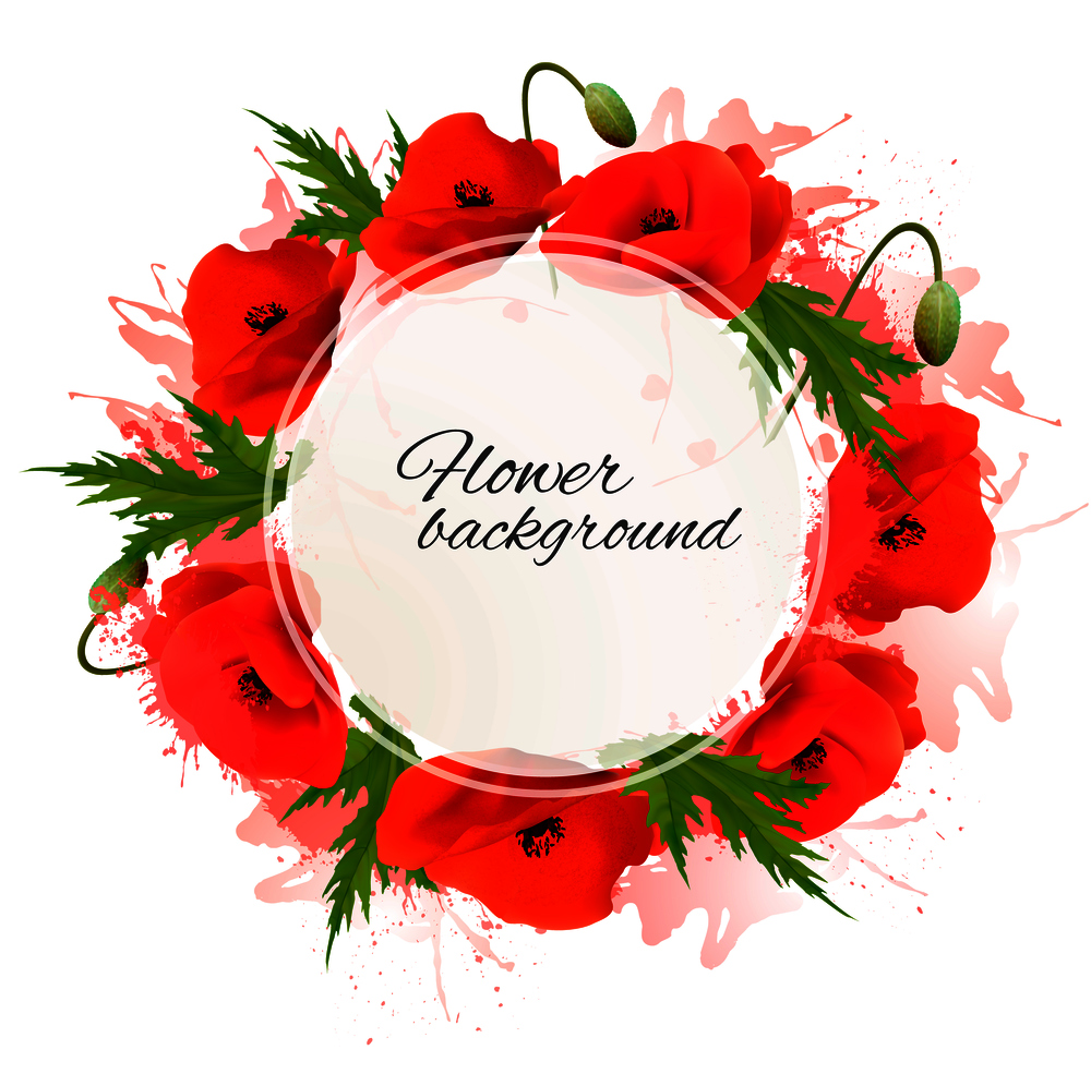 Flower nature background with red poppies. Vector