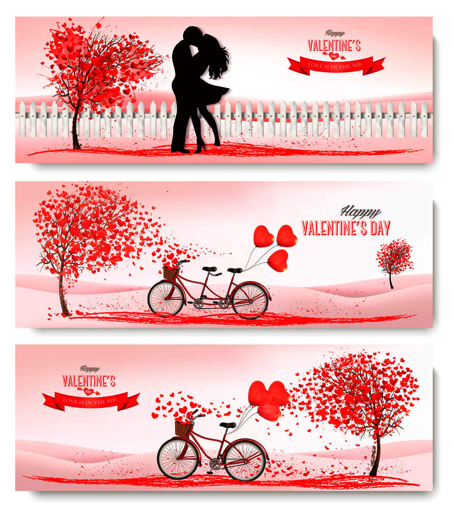 Valentine&rsquo;s Day holiday banners with a heart shaped trees and a tanden bicycle. Vector.