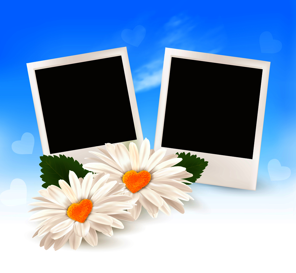 Two daisies with heart shaped middles and photos. Happy Valentine&rsquo;s Day background. Vector.