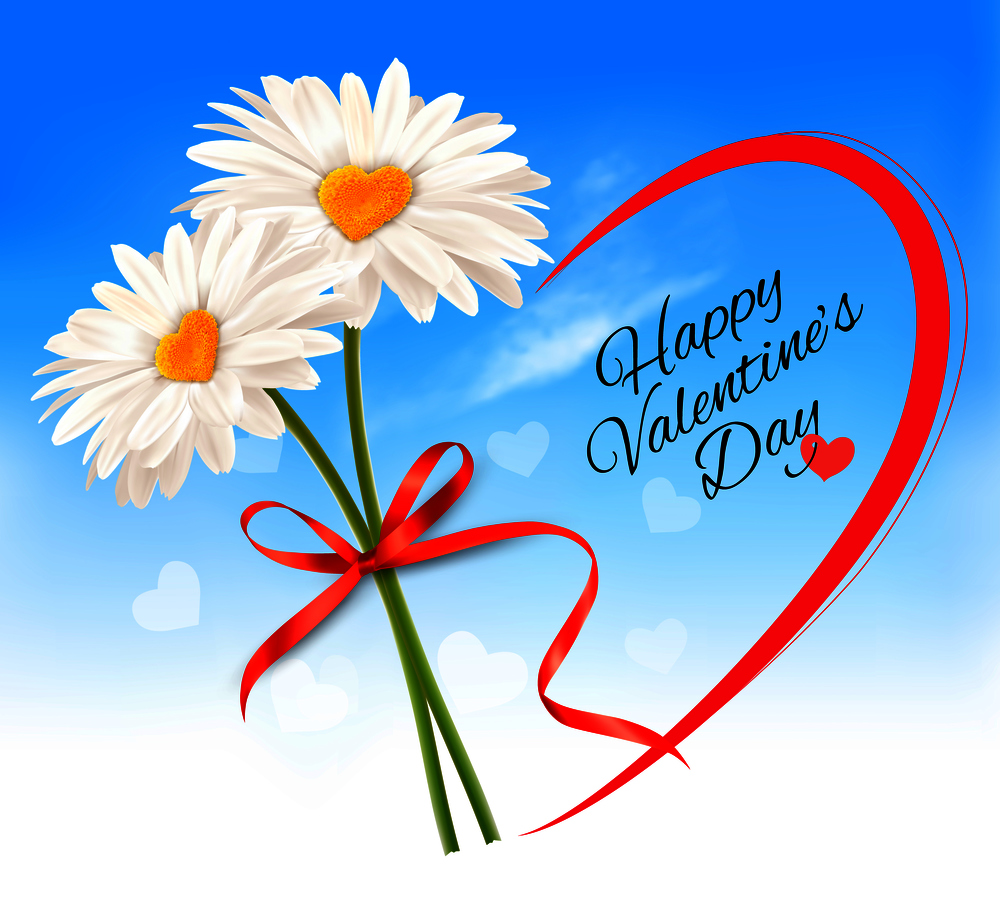 Valentine&rsquo;s Day background Two daisies with heart shaped middles and red ribbon. Vector.