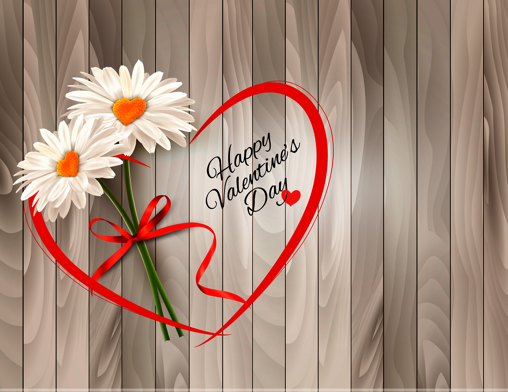 Valentine&rsquo;s Day background Two daisies with heart shaped middles on wooden background. Vector.