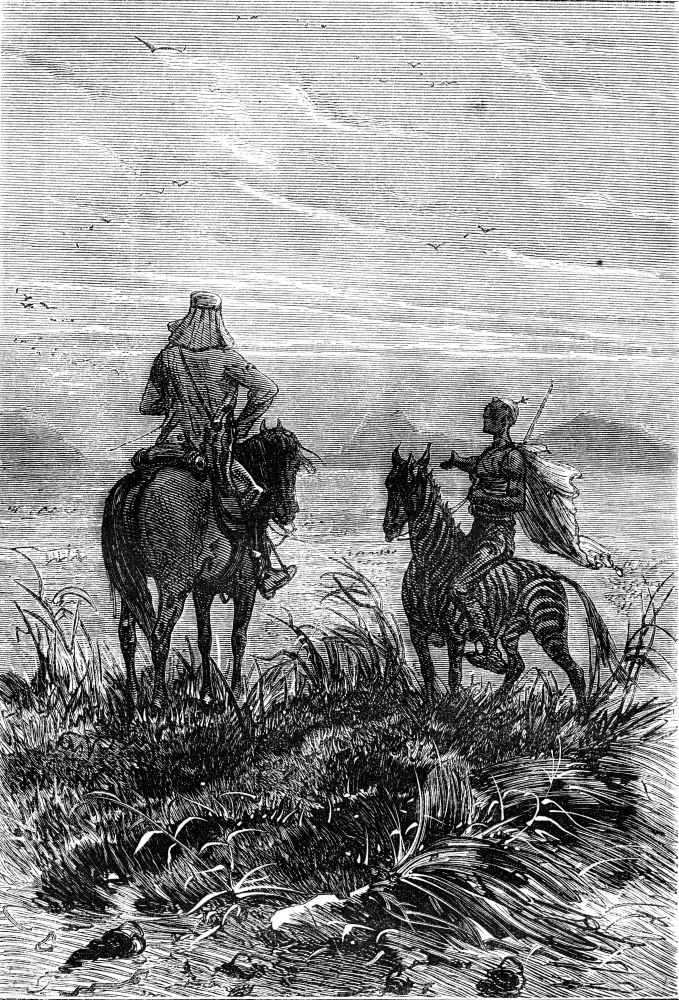 Soldier explorer and Makololo tribe native hunter looking over a plain in South Africa. The requested plain, Colonel. From Jules Verne 3 Russians and 3 English Book, vintage engraving, 1871.