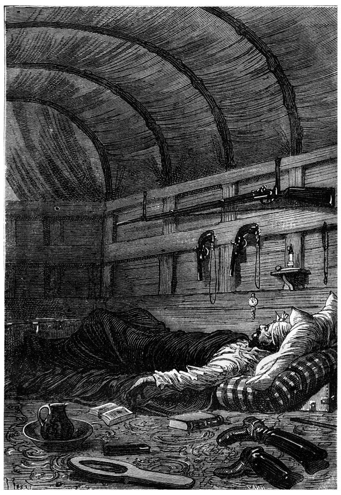 He soon fell asleep, vintage engraved illustration. Jules Verne 3 Russian and 3 English, 1872.