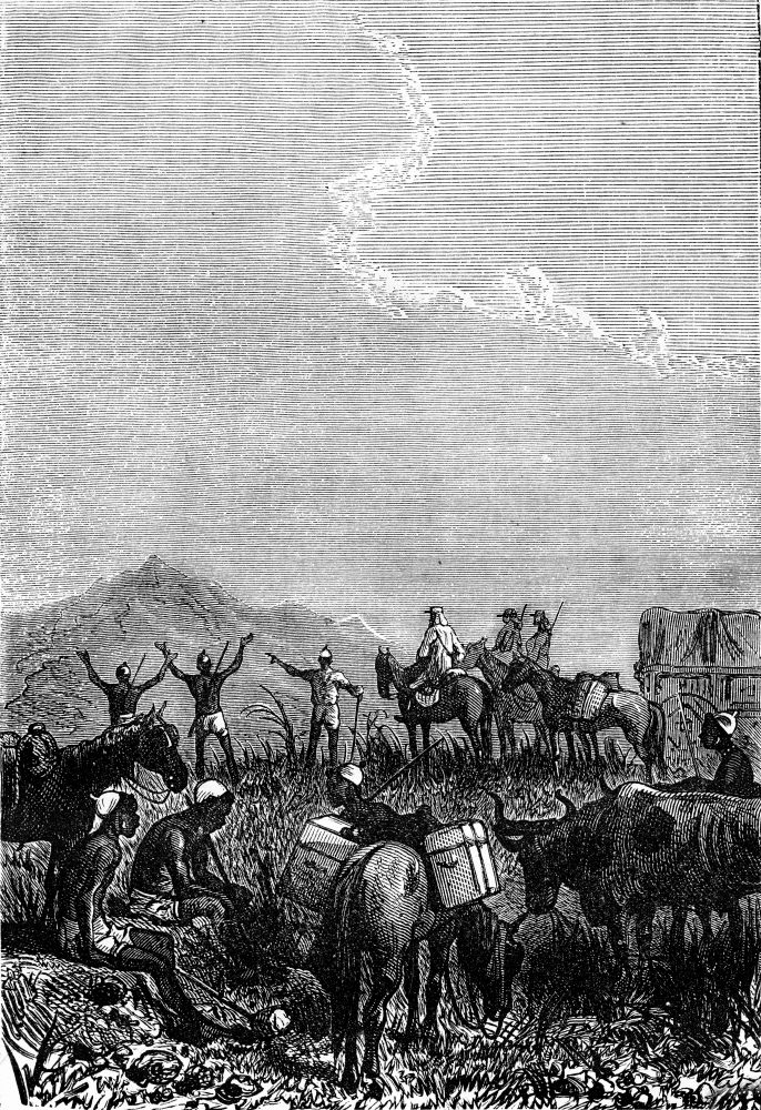 Soldier explorers and Makololo tribe native hunters in South Africa. From Jules Verne 3 Russians and 3 English Book, vintage engraving, 1871.
