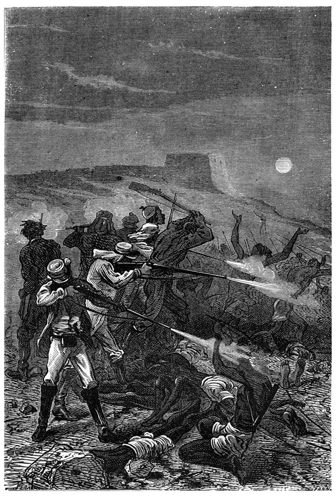 Rushed amid the groups, vintage engraved illustration. Jules Verne 3 Russian and 3 English, 1872.