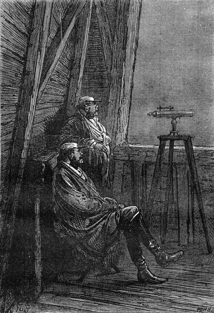 The Colonel and astronomer, vintage engraved illustration. Jules Verne 3 Russian and 3 English, 1872.