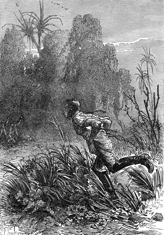 Soldier explorer running through a jungle in South Africa. A demi depouille. From Jules Verne 3 Russians and 3 English Book, vintage engraving, 1871.