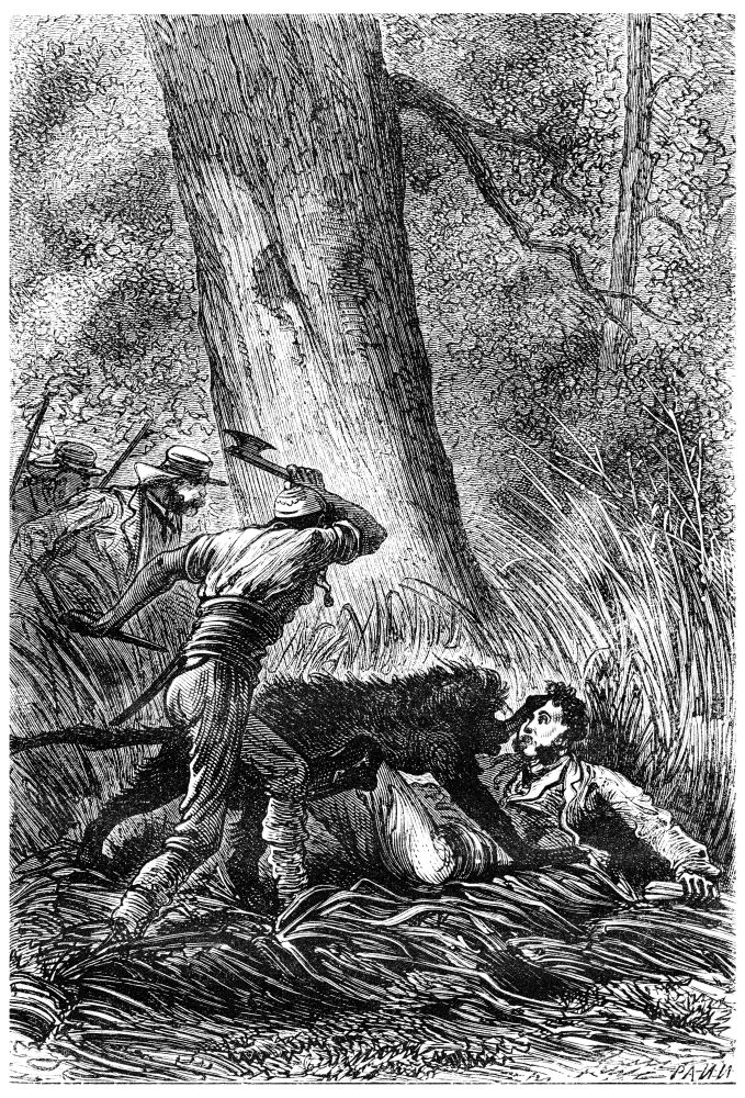 The Bushman ax in hand, vintage engraved illustration. Jules Verne 3 Russian and 3 English, 1872.