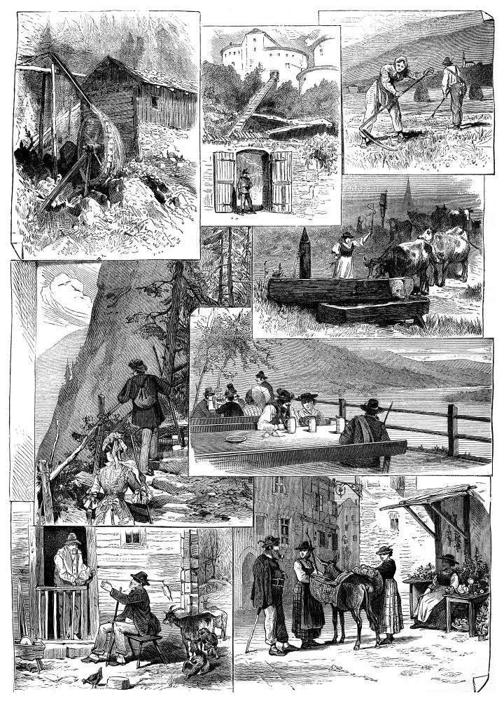 The mill, fort entrance, reapers, trough, stone stairs, brewery,  solitaire and the market,vintage engraved illustration.