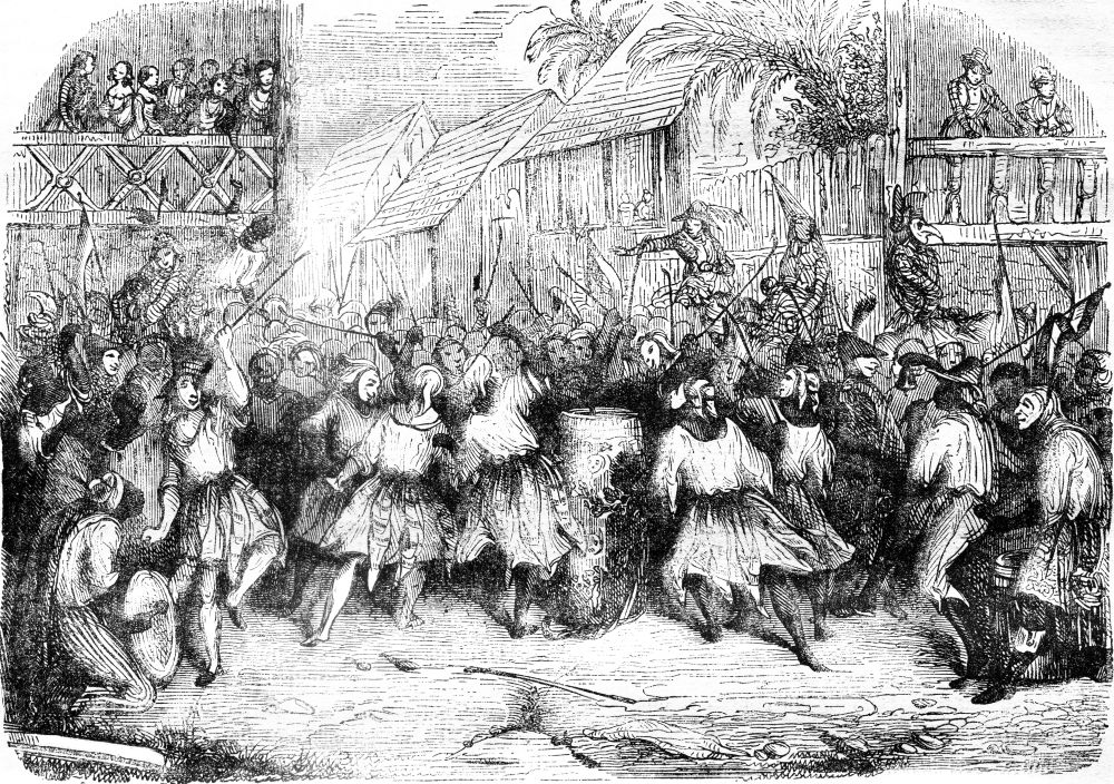 A Carnival Scene in Haiti in 1838, after the sketch of a traveler, vintage engraved illustration. Magasin Pittoresque 1841.