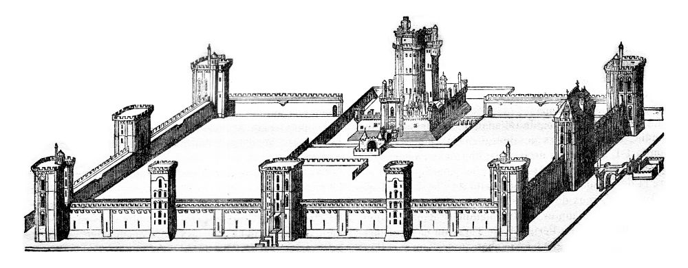 Vincennes Castle under Charles V, vintage engraved illustration. Magasin Pittoresque 1841.