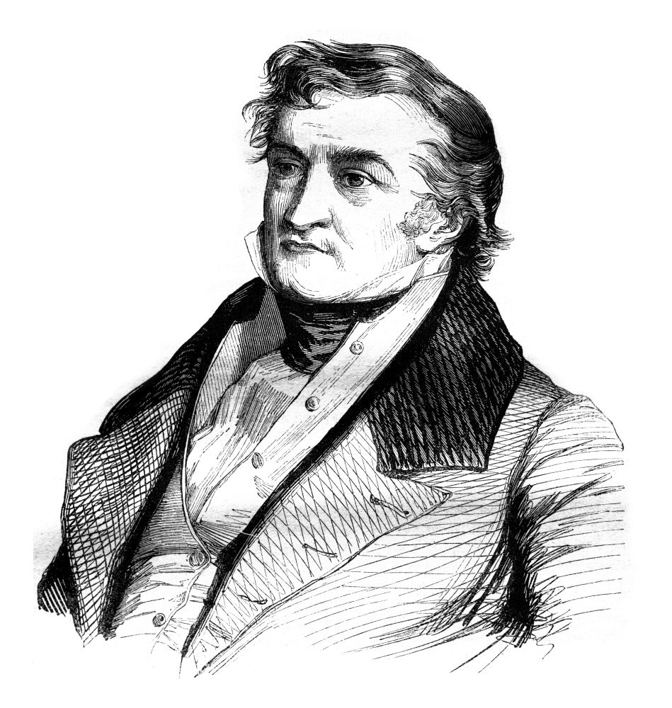Portrait of Sismondi, and facsimile of his signature, vintage engraved illustration. Magasin Pittoresque 1843.