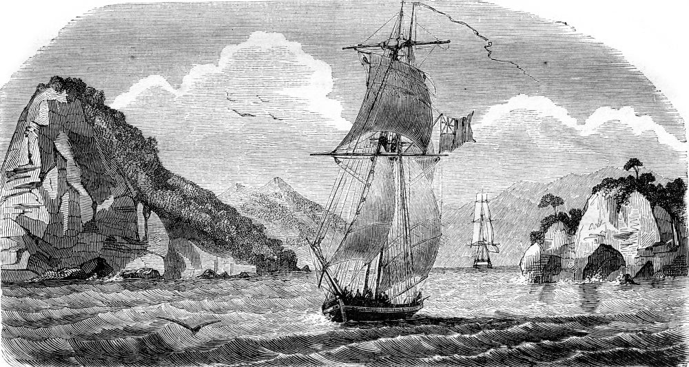 New Zealand, Entry in the Bay Akaroa, vintage engraved illustration. Magasin Pittoresque 1843.