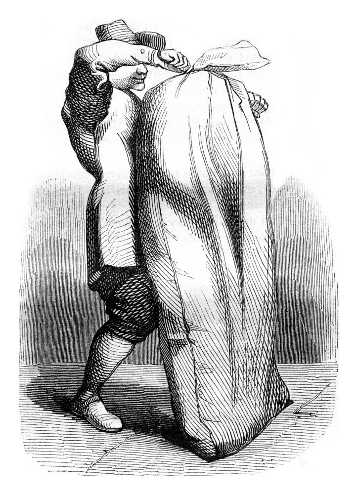 The Minion in the bag, vintage engraved illustration. Magasin Pittoresque 1843.