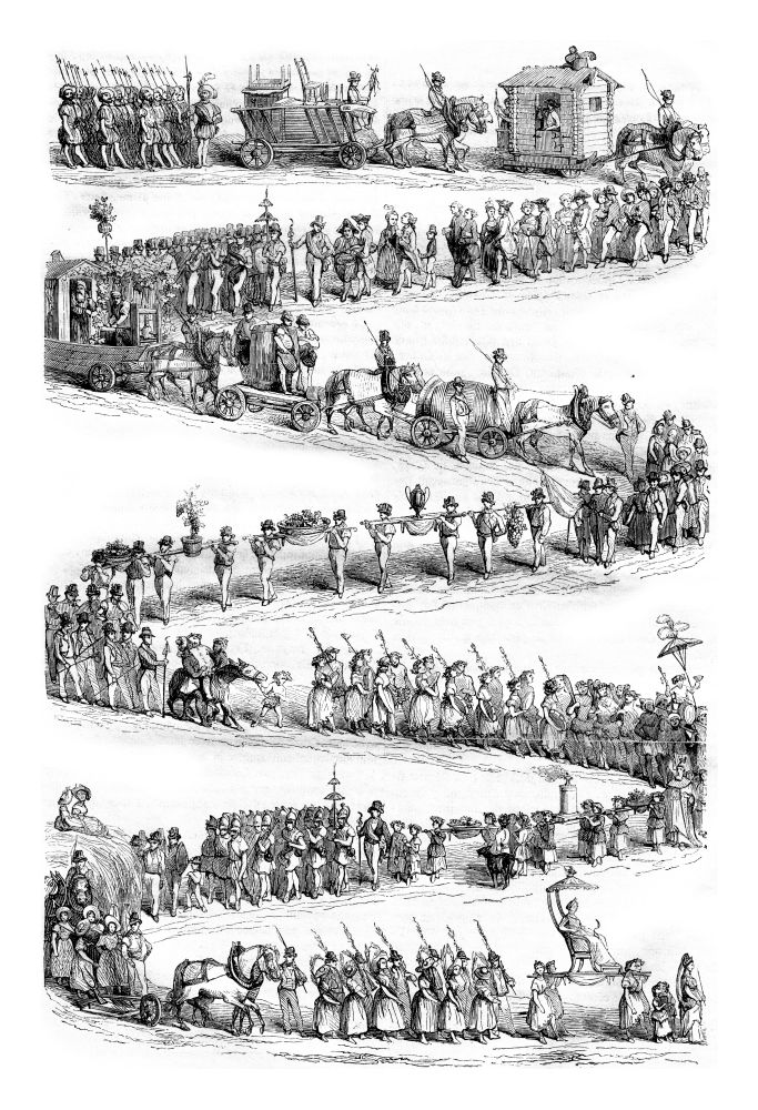 Festival of wine growers, Vevey, End of the procession, vintage engraved illustration. Magasin Pittoresque 1843.