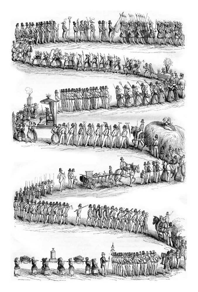 Festival of wine growers, Vevey, Head of the procession, vintage engraved illustration. Magasin Pittoresque 1843.