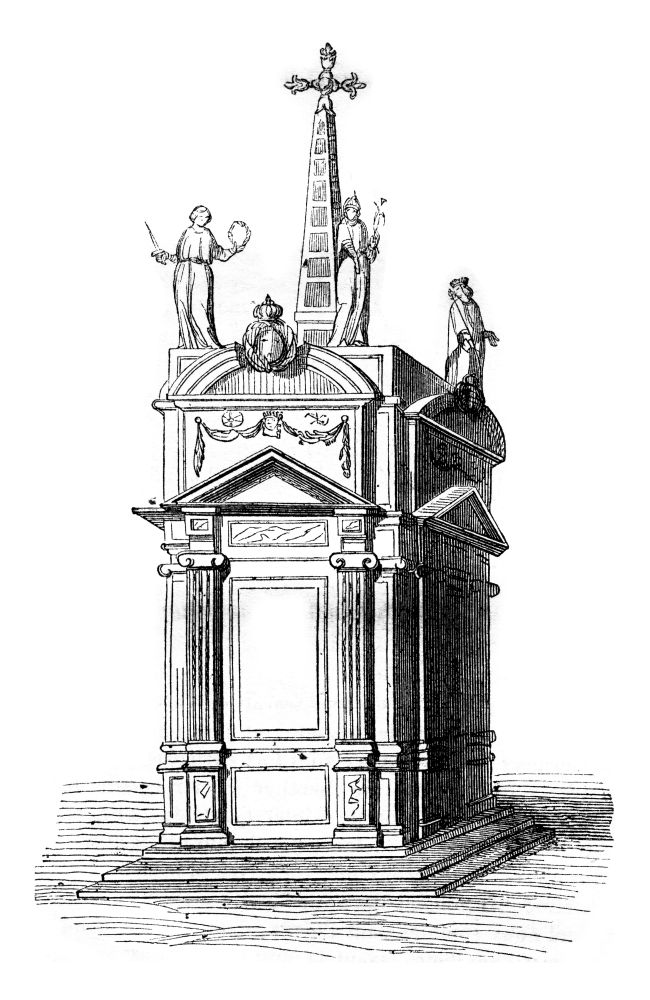 Pyramid that had been raised in 1595 on the site of the house of Jean Chatel, vintage engraved illustration. Magasin Pittoresque 1843.