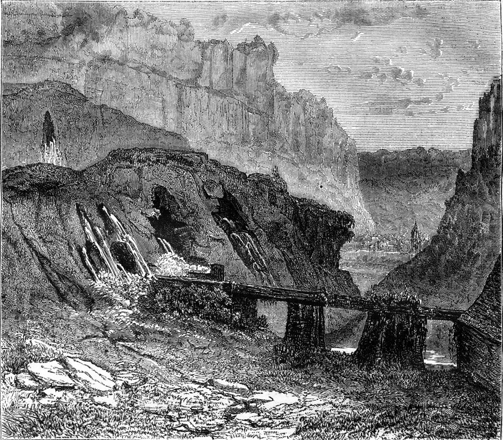 Sources of the Seille, Jura, vintage engraved illustration. Magasin Pittoresque 1878.