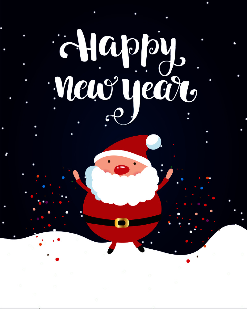 Happy New Year brush lettering text and cute small Santa on white snow and dark sky background. Happy New Year brush lettering text and Santa