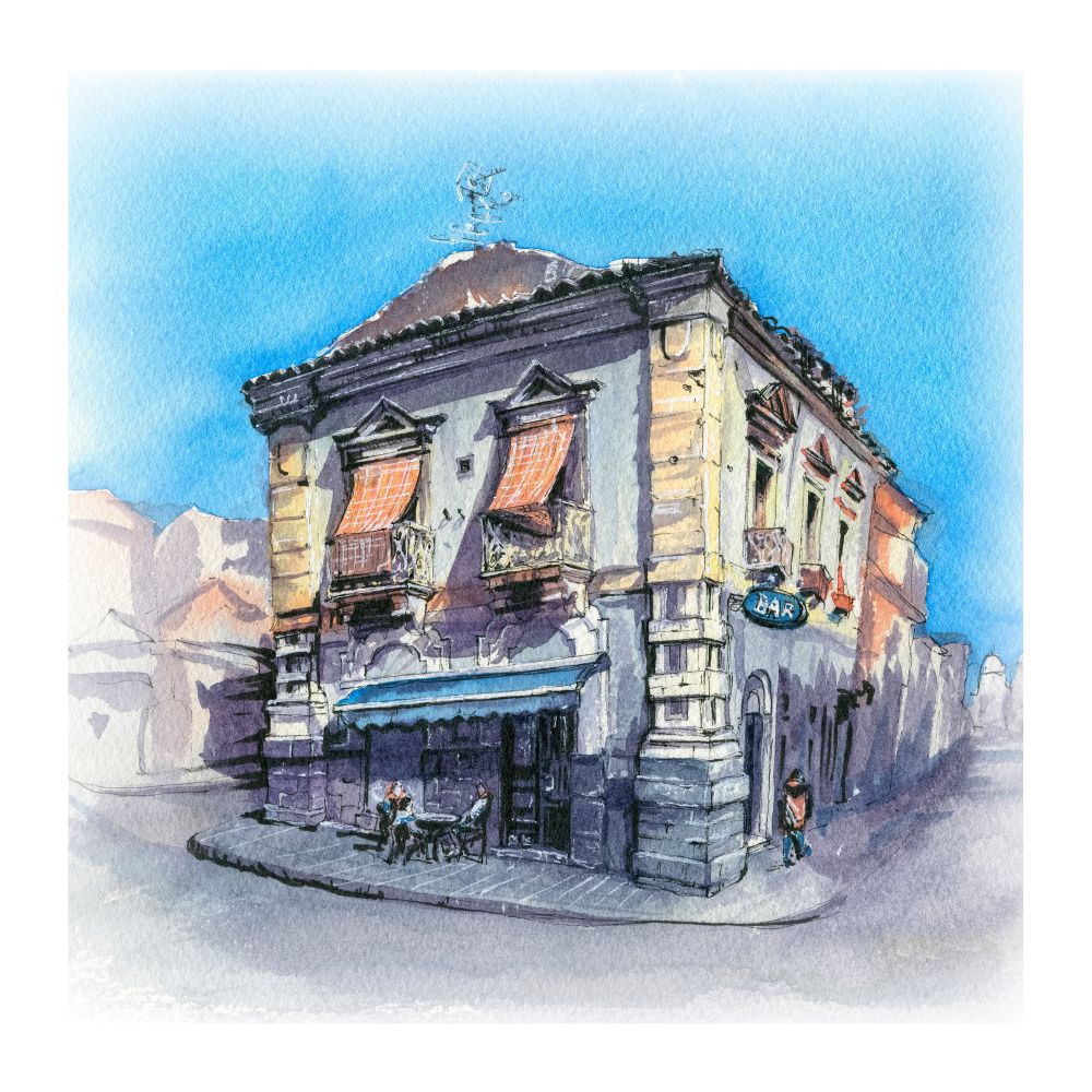 Watercolor sketch of Typical Italian house in Catania, Sicily, Italy. House in Catania, Sicily, Italy