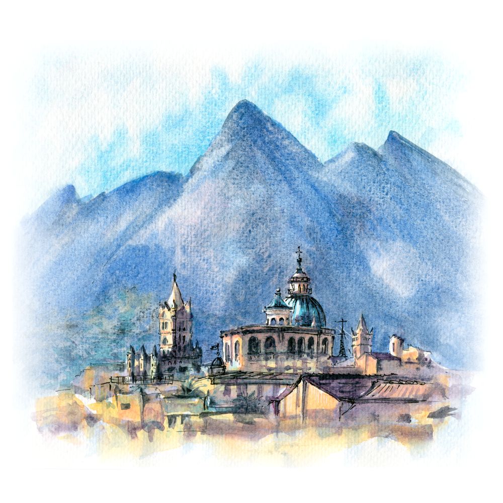 Watercolor sketch of Palermo at sunset, Sicily, Italy. Palermo at sunset, Sicily, Italy